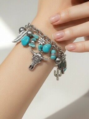Turquoise Longhorn Western Charm Bracelet Beaded Cowgirl Cactus Feather Bohemian